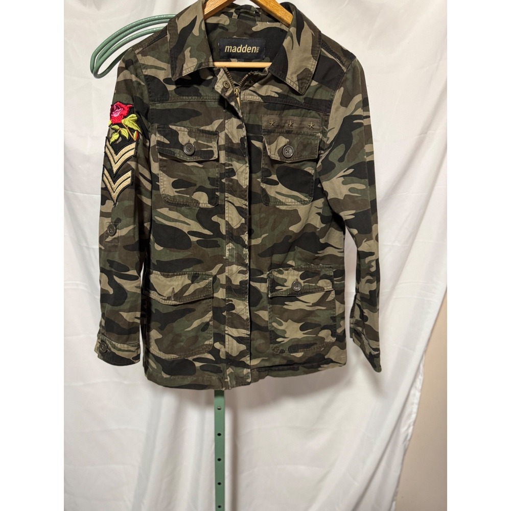 Madden Girl Camo Utility Jacket Womens Medium Military Embroidery Patch Rose